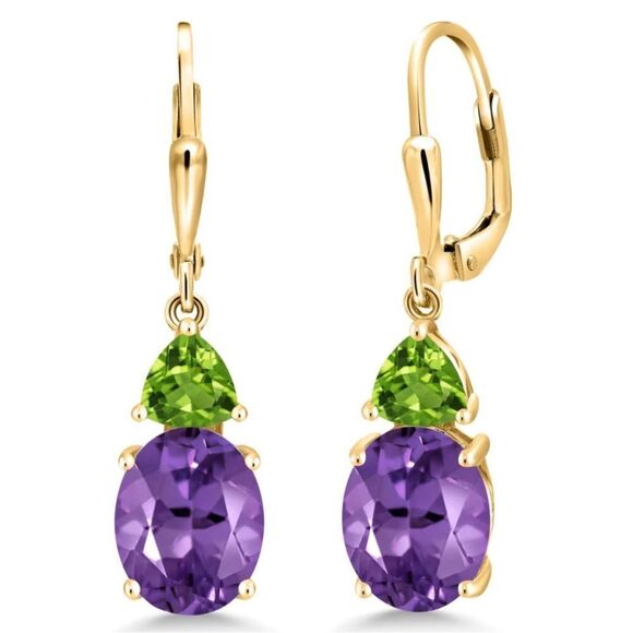 18K Yellow Gold with 5.56 Cttw Amethyst and Peridot Leverback Drop Earrings - Picture 1 of 4